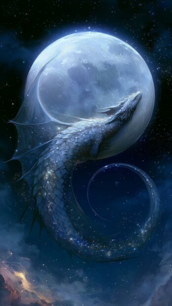 Elegant white dragon wallpaper gracefully curving around a large full moon in a magical starry night sky
