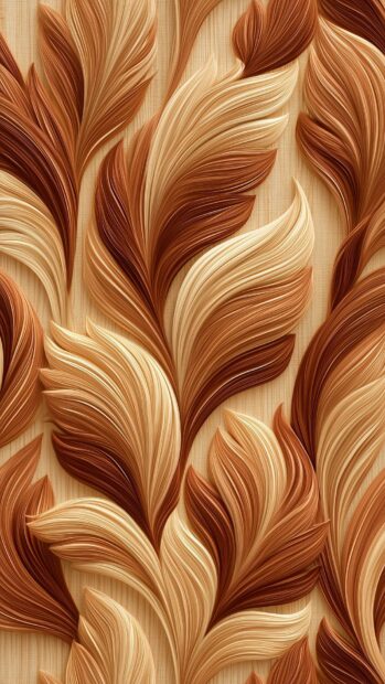 Fall aesthetic wallpaper featuring a textured 3D abstract pattern of intertwined feather-like shapes in brown, beige, and cream tones