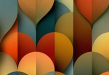 Fall aesthetic wallpaper featuring a vibrant abstract geometric pattern of overlapping, rounded leaf shapes in various autumn colors