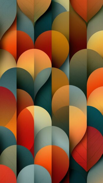 Fall aesthetic wallpaper featuring a vibrant abstract geometric pattern of overlapping, rounded leaf shapes in various autumn colors