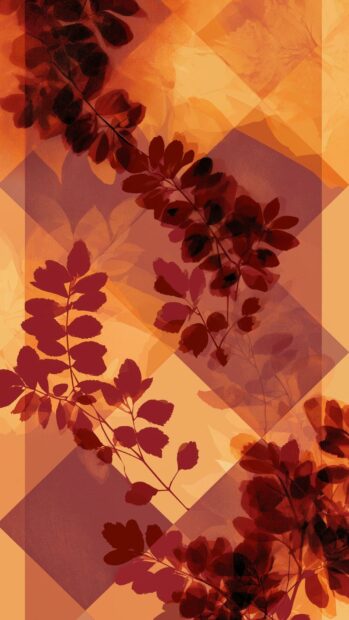 Fall aesthetic wallpaper featuring an abstract design with overlapping geometric shapes and dark red autumn leaf silhouettes