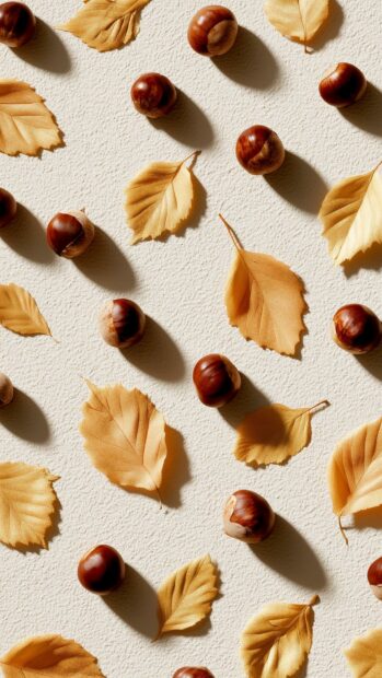 Fall aesthetic wallpaper displaying a clean pattern of chestnuts and dried autumn leaves scattered on a light textured background