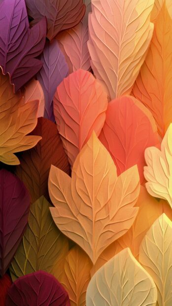 A vibrant fall aesthetic wallpaper showcasing a dense arrangement of colorful layered autumn leaves in warm hues