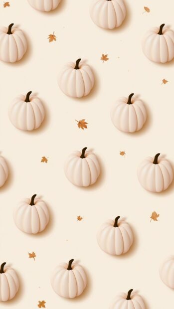 A fall aesthetic wallpaper featuring a seamless pattern of cute cream-colored pumpkins and scattered autumn leaves