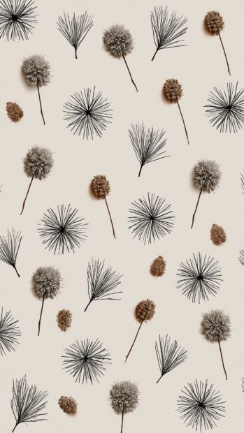 A fall aesthetic wallpaper with a minimalist pattern of stylized dandelions, pine needles, and seed pods on a light background