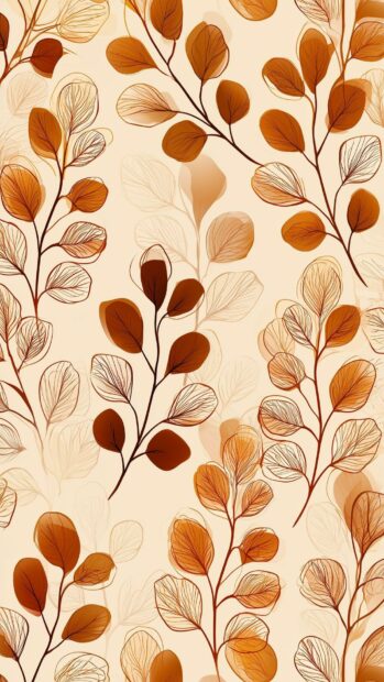 Fall aesthetic wallpaper displaying a delicate pattern of stylized brown and orange branches with leaves on a light cream background