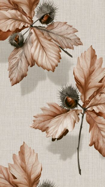Fall aesthetic wallpaper depicting textured dried leaves and spiky seed pods in earthy tones against a subtle light background