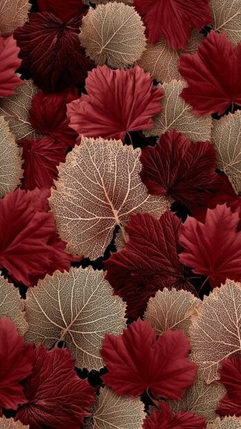 Fall aesthetic wallpaper featuring a beautiful pattern of intricate dark red and golden skeletal leaves