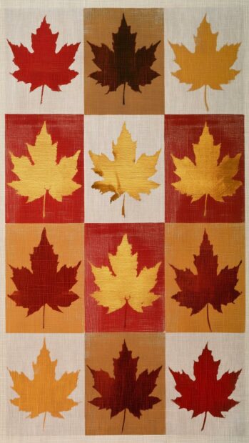 Fall aesthetic wallpaper featuring a grid of squares, each with a colorful maple leaf in red, gold, or brown