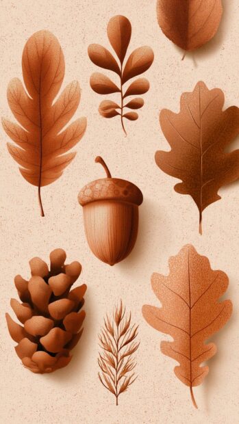 Fall aesthetic wallpaper displaying a minimalist collection of cartoon-style autumn leaves, an acorn, and a pinecone on a textured beige background