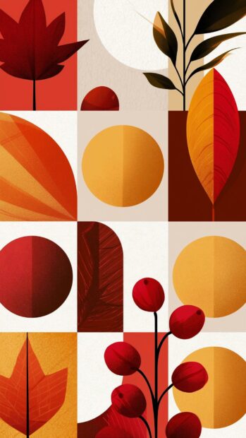 Fall aesthetic wallpaper showcasing a modern abstract design with geometric shapes and fall elements like berries and leaves in red, orange, and gold