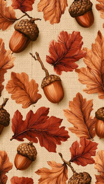 Fall aesthetic wallpaper with a repeating pattern of stylized orange oak leaves and acorns on a light textured background