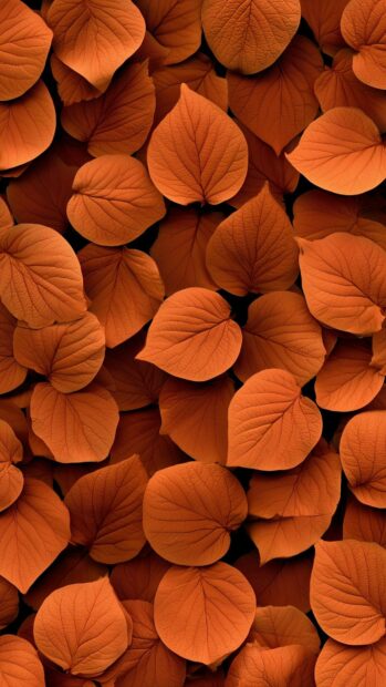 Fall aesthetic wallpaper featuring a close-up view of a dense pile of round, orange-brown autumn leaves