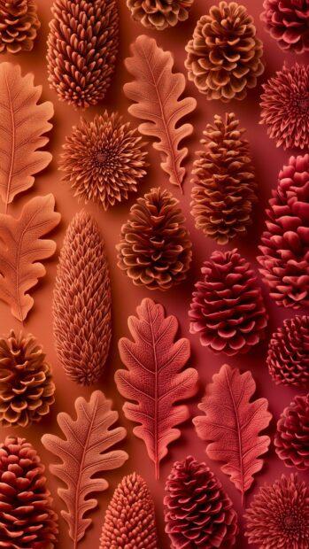 A detailed fall aesthetic wallpaper featuring a vibrant arrangement of pine cones, oak leaves, and autumn flowers in warm red tones