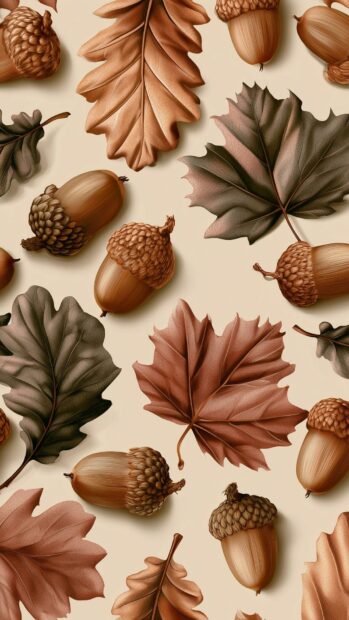 Fall aesthetic wallpaper showing a scattered pattern of realistic 3D acorns and various fall leaves in earthy brown tones