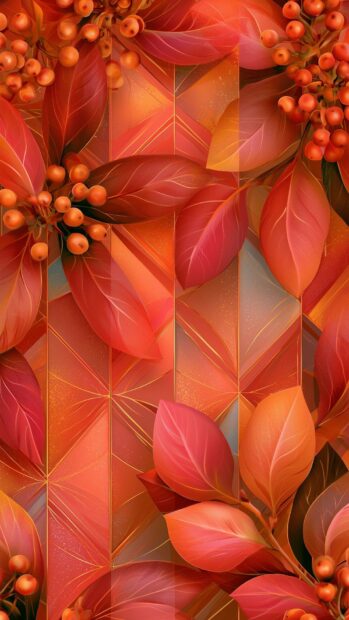 A fall aesthetic wallpaper featuring vibrant red autumn leaves and berries over an abstract geometric background
