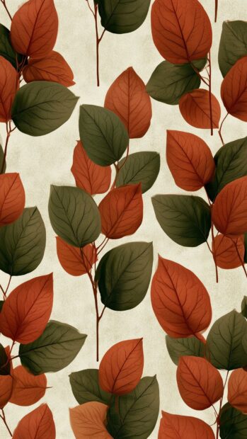 Fall Aesthetic Wallpaper featuring a rustic pattern of red-orange and dark green autumn leaves