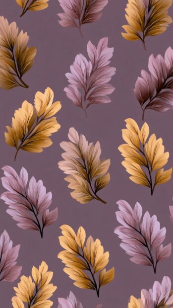 Fall aesthetic wallpaper featuring a seamless pattern of stylized gold, brown, and purple leaves on a muted background