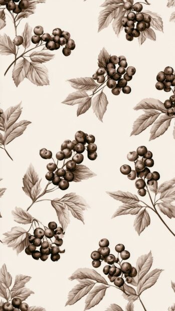 Fall Aesthetic Wallpaper with a vintage illustration pattern of berries and leaves in sepia tones