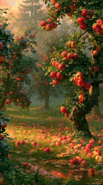 A picturesque fall wallpaper depicting an autumn apple orchard with trees full of ripe red apples and many fallen on the sunlit ground