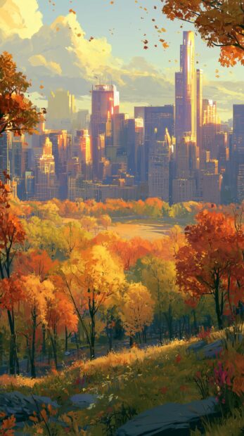 A vibrant fall wallpaper illustrating a city skyline viewed from a park with colorful autumn trees