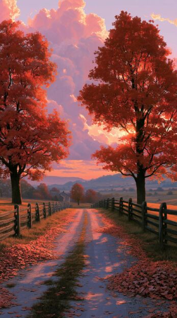 A picturesque Fall Wallpaper shows a country road lined with wooden fences and fiery red autumn trees under a soft, colorful sunset sky
