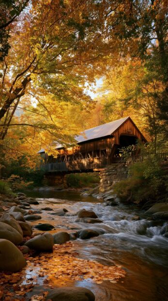 A picturesque Fall Wallpaper featuring a rustic covered bridge spanning a rocky river surrounded by golden autumn trees