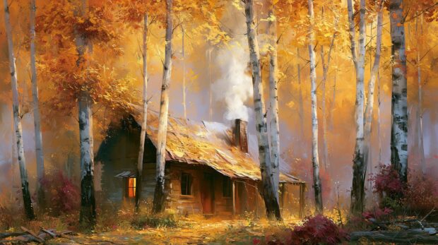 A beautiful Fall Wallpaper depicting a cozy cabin nestled among golden autumn trees with smoke rising from its chimney