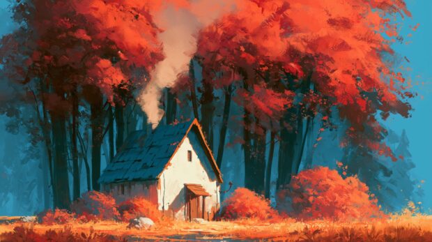 A beautiful fall wallpaper featuring a cozy cottage with smoke from the chimney amidst vibrant red autumn trees