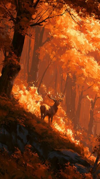 A majestic Fall Wallpaper showcasing a stag standing proudly on a hillside in a glowing orange autumn forest bathed in sunlight