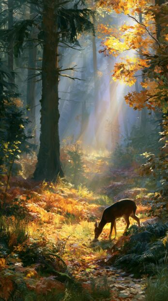 A beautiful fall wallpaper featuring a deer grazing in a sunlit autumn forest with golden leaves