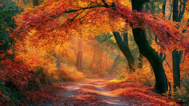 A serene Fall Wallpaper featuring a forest path covered in vibrant autumn leaves with warm sunlight filtering through the trees