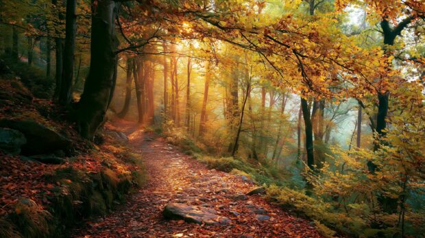 A picturesque fall wallpaper depicting a forest path covered in autumn leaves with golden sunlight streaming through the trees