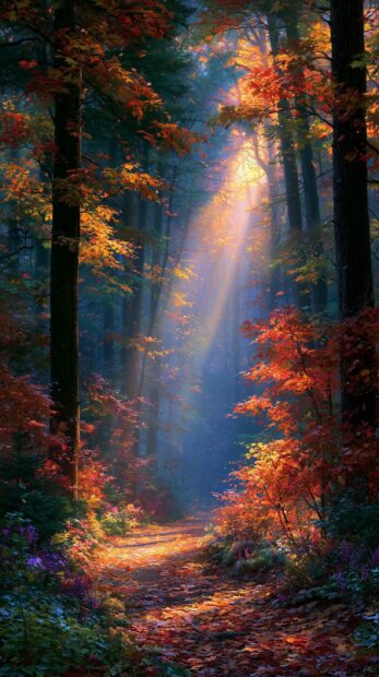 An enchanting Fall Wallpaper featuring sun rays shining through the canopy of a vibrant autumn forest onto a leafy path