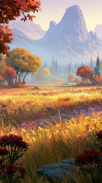A scenic fall wallpaper depicting a golden field with wildflowers and mountains in the misty background