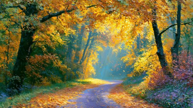 An artistic Fall Wallpaper depicting an impressionistic painting of a forest path bathed in golden autumn sunlight and vivid yellow leaves