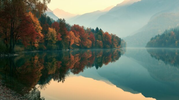A peaceful fall wallpaper featuring a serene lake perfectly reflecting autumn trees and misty mountains under a soft sky