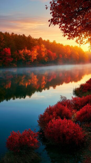 An idyllic Fall Wallpaper features a calm lake perfectly reflecting vibrant autumn trees and a radiant sunset sky, with red bushes in the foreground