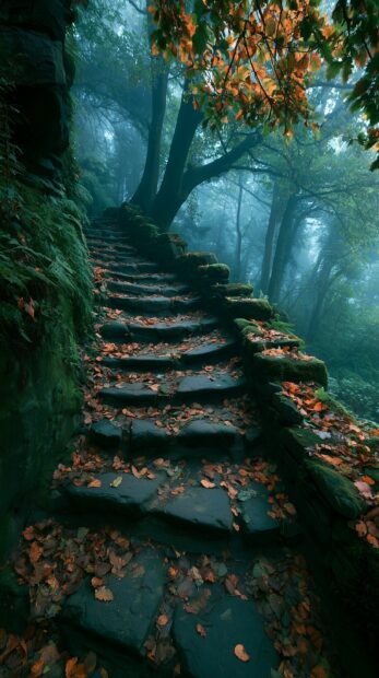 A captivating Fall Wallpaper depicts stone stairs covered in autumn leaves leading into a misty, green forest with hints of orange foliage
