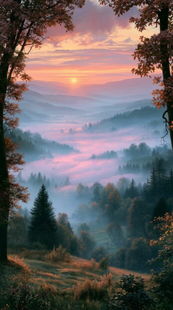 An ethereal fall wallpaper featuring a misty valley at sunrise with pink and purple fog, framed by dark autumn trees
