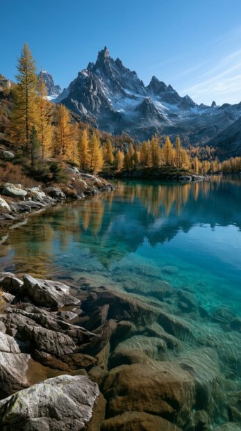 A breathtaking fall wallpaper showcasing golden larch trees by a clear turquoise mountain lake with snow-capped peaks