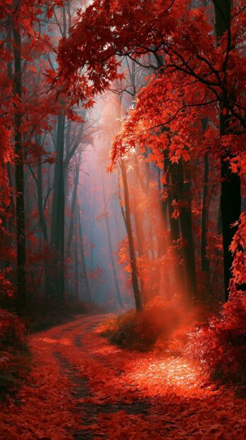 A vibrant Fall Wallpaper showcasing a forest path covered in brilliant red autumn leaves with rays of sunlight breaking through the canopy