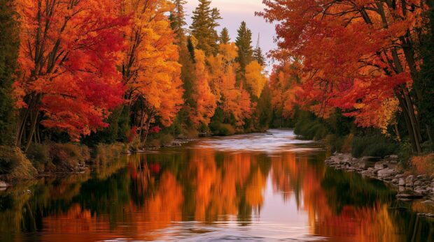 Fall wallpaper showing a serene river reflecting vibrant autumn trees with bright orange and red foliage