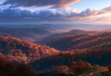 A breathtaking Fall Wallpaper showcases a scenic landscape of rolling mountains and hills covered in vibrant autumn foliage under a dramatic sky