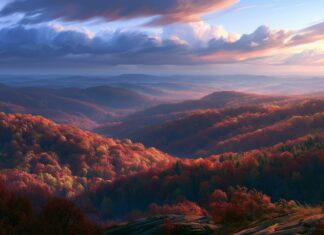 A breathtaking Fall Wallpaper showcases a scenic landscape of rolling mountains and hills covered in vibrant autumn foliage under a dramatic sky
