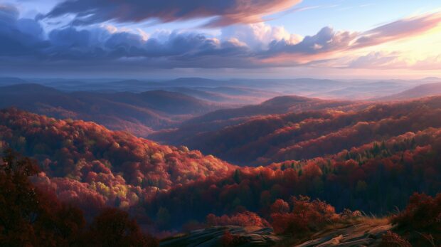 A breathtaking Fall Wallpaper showcases a scenic landscape of rolling mountains and hills covered in vibrant autumn foliage under a dramatic sky