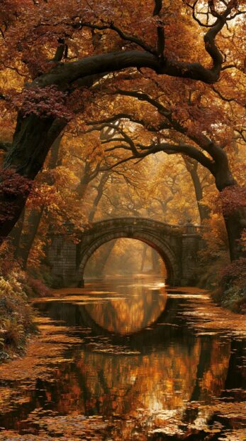 A majestic Fall Wallpaper displays an old stone bridge arching over a tranquil river, surrounded by a dense forest of golden autumn trees