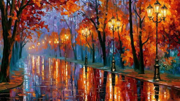 A vibrant Fall Wallpaper in a painting style, showing street lamps reflecting on a wet path surrounded by colorful autumn trees