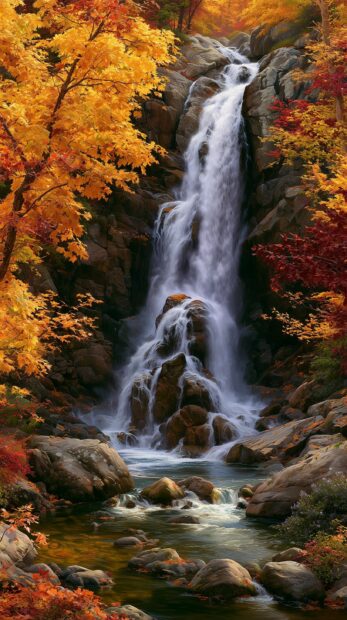 A stunning fall wallpaper showcasing a powerful waterfall surrounded by vibrant yellow and orange autumn leaves