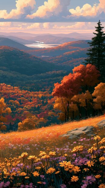 A beautiful fall wallpaper showcasing a vibrant autumn landscape with colorful trees, rolling hills, and a field of orange flowers under a bright sky